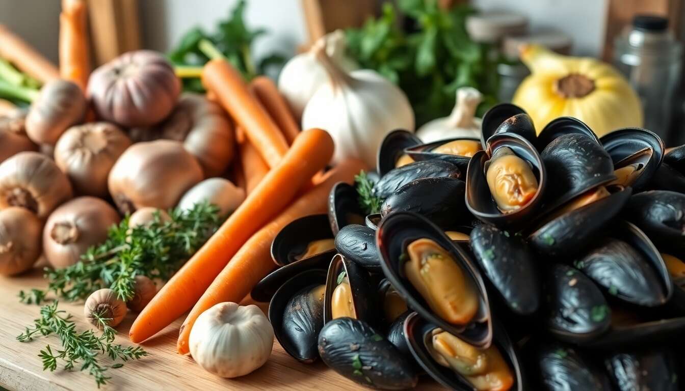 Préparation des ingrédients : légumes, herbes et moules